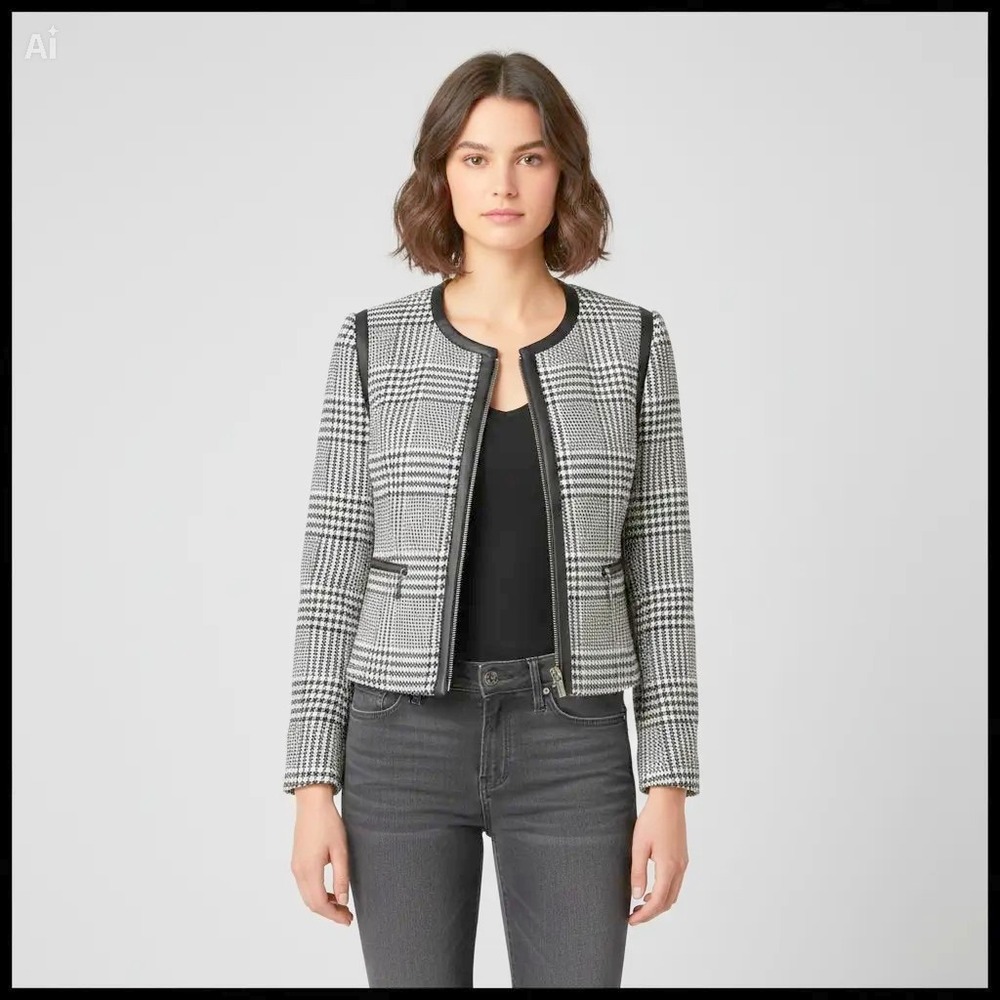 Mario Serrani Italy Womens Plaid Zip Jacket Black White Size 6